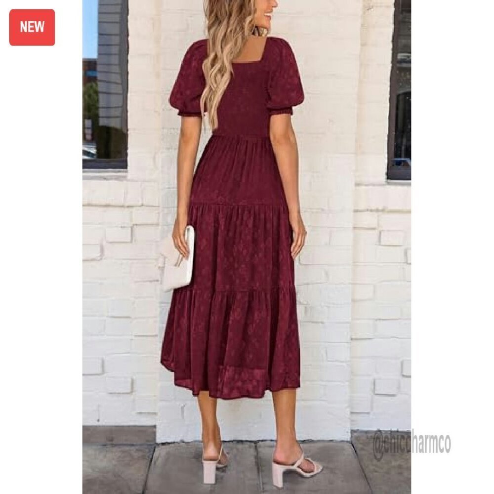 Women's Summer Midi Dress Square Neck Smocked Boho Flowy A-Line - Picture 3 of 8